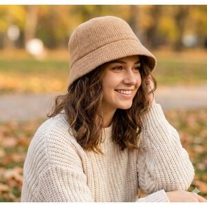 Womens Winter Wool Blend Bucket Hat Angora Rabbit Hair Beige Tan Camel One Size